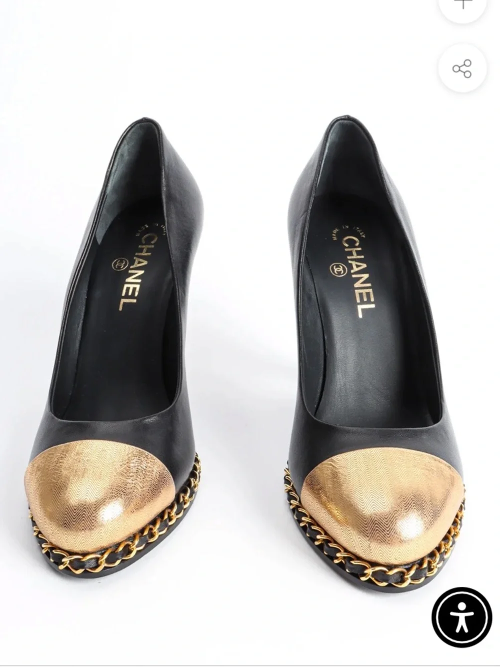 Authentic CHANEL Black Leather Pumps with Gold Cap Toe and Chain Trim